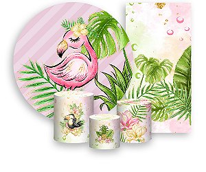 Painel De Festa + Trio De Capas Cilindro + Faixa Veste Fácil - Flamingo Tropical Rosa 001