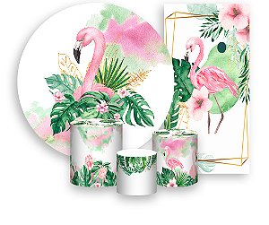 Painel De Festa + Trio De Capas Cilindro + Faixa Veste Fácil - Flamingo Rosa Aquarela 003