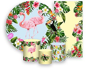 Painel De Festa + Trio De Capas Cilindro + Faixa Veste Fácil - Tropical Flamingos Folhagens 004