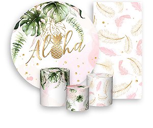 Painel De Festa + Trio De Capas Cilindro + Faixa Veste Fácil - Tropical Aloha Rosa 006