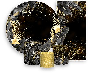 Painel De Festa + Trio De Capas Cilindro + Faixa Veste Fácil - Tropical Chique Preto com Dourado 007