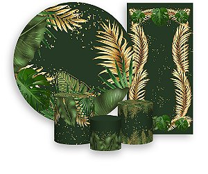 Painel De Festa + Trio De Capas Cilindro + Faixa Veste Fácil - Tropical Chique Verde com Dourado 008