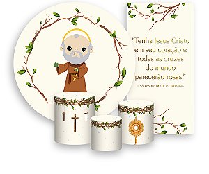 Painel De Festa + Trio De Capas Cilindro + Faixa Veste Fácil - Santo São Padre Pio Católico 002