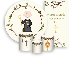 Painel De Festa + Trio De Capas Cilindro + Faixa Veste Fácil - Santo São Bento Católico 004