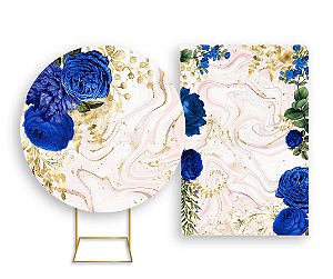 Painel De Festa Redondo 1,50x1,50 + Vertical 1,50x2,20 - Floral Azul e Dourado 039