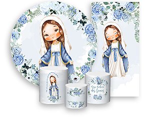 Painel De Festa + Trio De Capas Cilindro + Faixa Veste Fácil - Santa Nossa Senhora das Graças Azul 010