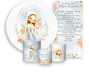 Painel De Festa + Trio De Capas Cilindro + Faixa Veste Fácil - Nossa Senhora de Lourdes Branco Floral 011