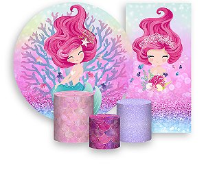 Painel De Festa + Trio De Capas Cilindro + Faixa Veste Fácil - Efeito Glitter Sereia 001