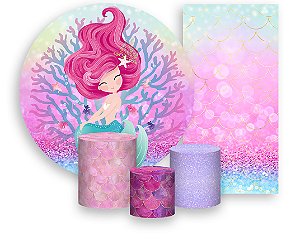 Painel De Festa + Trio De Capas Cilindro + Faixa Veste Fácil - Efeito Glitter Sereia Rosa 002