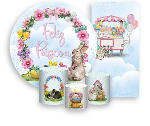 Painel De Festa + Trio De Capas Cilindro + Faixa Veste Fácil - Feliz Páscoa Coelhos Rosa 001