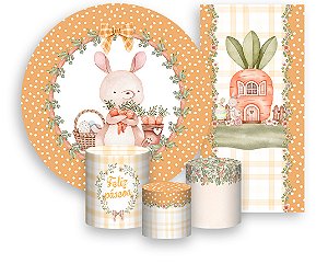 Painel De Festa + Trio De Capas Cilindro + Faixa Veste Fácil - Coelho de Páscoa Laranja 005