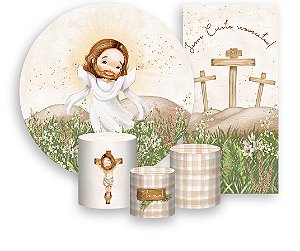 Painel De Festa + Trio De Capas Cilindro + Faixa Veste Fácil - Páscoa Jesus Cristo ele Vive 008