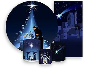 Painel De Festa + Trio De Capas Cilindro + Faixa Veste Fácil - Sagrada Família Natal Azul 001