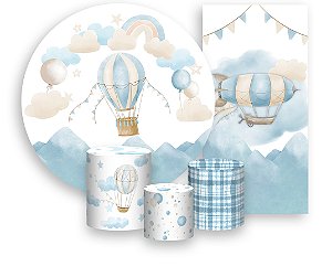 Painel De Festa + Trio De Capas Cilindro + Faixa Veste Fácil - Balões Aquarela Azul com Bege 002