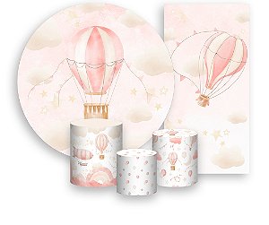 Painel De Festa + Trio De Capas Cilindro + Faixa Veste Fácil - Céu Balões Cute Rosa 003