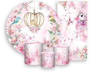 Painel De Festa + Trio De Capas Cilindro + Faixa Veste Fácil - Jardim Passarinhos Rosa Menina 001