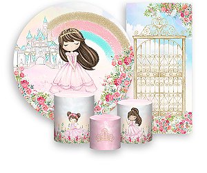 Painel De Festa + Trio De Capas Cilindro + Faixa Veste Fácil - Jardim Rosa Princesa Morena 010