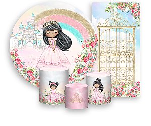 Painel De Festa + Trio De Capas Cilindro + Faixa Veste Fácil - Jardim Rosa Aquarela De Princesa 012