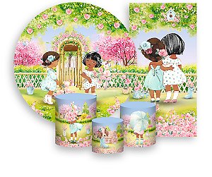 Painel De Festa + Trio De Capas Cilindro + Faixa Veste Fácil - Jardim Com Bonecas 014