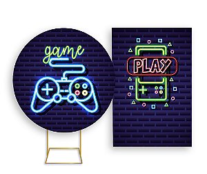 Painel De Festa Redondo 1,50x1,50 + Vertical 1,50x2,20 - Video Game Azul Efeito Neon 006