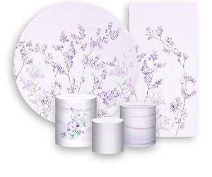 Painel De Festa + Trio De Capas Cilindro + Faixa Veste Fácil - Jardim Floral Lilás Suave 016