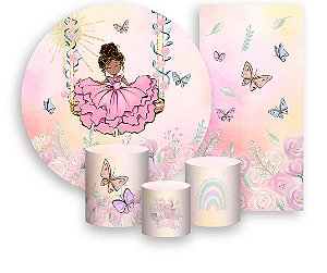 Painel De Festa + Trio De Capas Cilindro + Faixa Veste Fácil - Jardim Com Princesa no Balanço 021