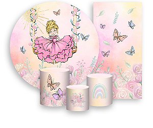 Painel De Festa + Trio De Capas Cilindro + Faixa Veste Fácil - Jardim Com Princesa Loira 023