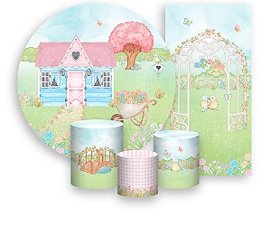 Painel De Festa + Trio De Capas Cilindro + Faixa Veste Fácil - Jardim Aquarela Com Casinha 026