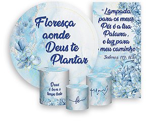 Painel De Festa + Trio De Capas Cilindro + Faixa Veste Fácil - Religioso Azul 003