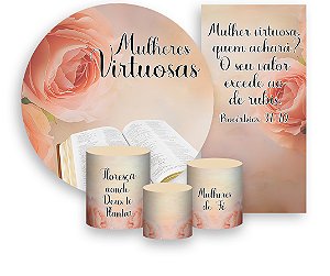 Painel De Festa + Trio De Capas Cilindro + Faixa Veste Fácil - Culto de Mulheres Virtuosas Bíblia 004