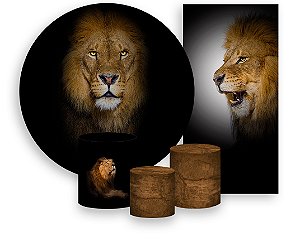Painel De Festa + Trio De Capas Cilindro + Faixa Veste Fácil - Leão Realista Fundo Preto 006