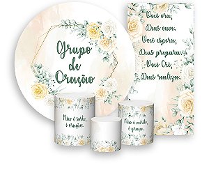 Painel De Festa + Trio De Capas Cilindro + Faixa Veste Fácil - Grupo de Oração Bege Floral 008