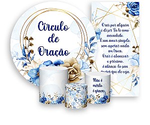 Painel De Festa + Trio De Capas Cilindro + Faixa Veste Fácil - Floral Azul Circulo de Oração 009