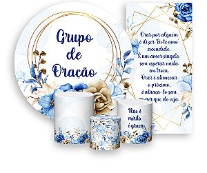 Painel De Festa + Trio De Capas Cilindro + Faixa Veste Fácil - Floral Azul Grupo de Oração 010