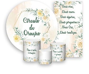 Painel De Festa + Trio De Capas Cilindro + Faixa Veste Fácil - Circulo de Oração Bege Floral 012