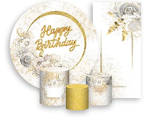Painel De Festa + Trio De Capas Cilindro + Faixa Veste Fácil - Dourado com Flores Brancas Happy Birthday 002