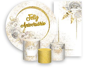 Painel De Festa + Trio De Capas Cilindro + Faixa Veste Fácil - Dourado com Flores Brancas Feliz Aniversário 003