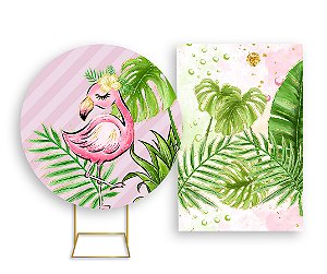 Painel De Festa Redondo 1,50x1,50 + Vertical 1,50x2,20 - Folhagem Tropical Flamingo 003