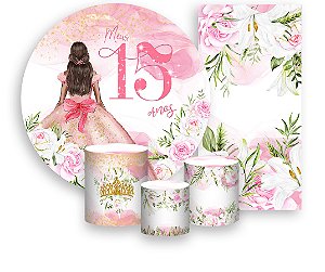 Painel De Festa + Trio De Capas Cilindro + Faixa Veste Fácil - 15 Anos Princesa Rosa 006