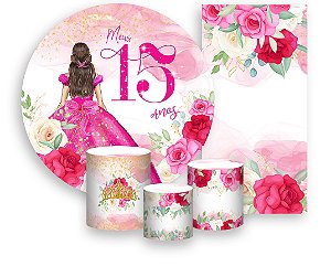 Painel De Festa + Trio De Capas Cilindro + Faixa Veste Fácil - 15 Anos Princesa Pink 007