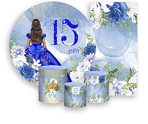 Painel De Festa + Trio De Capas Cilindro + Faixa Veste Fácil - 15 Anos Princesa Azul 009