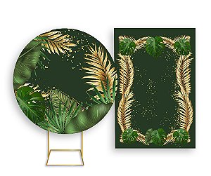 Painel De Festa Redondo 1,50x1,50 + Vertical 1,50x2,20 - Folhagem Tropical Verde e Dourado 008