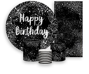 Painel De Festa + Trio De Capas Cilindro + Faixa Veste Fácil - Efeito Brilhos Happy Birthday Prateado 010