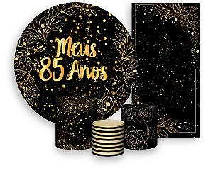 Painel De Festa + Trio De Capas Cilindro + Faixa Veste Fácil - Efeito Brilhos Meus 85 Anos Dourado 015