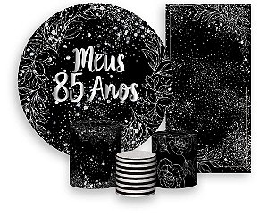 Painel De Festa + Trio De Capas Cilindro + Faixa Veste Fácil - Efeito Brilhos Meus 85 Anos Prateado 016