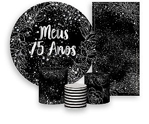 Painel De Festa + Trio De Capas Cilindro + Faixa Veste Fácil - Efeito Brilhos Meus 75 Anos Prateado 022