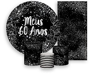 Painel De Festa + Trio De Capas Cilindro + Faixa Veste Fácil - Efeito Brilhos Meus 60 Anos Prateado 024