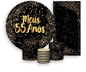 Painel De Festa + Trio De Capas Cilindro + Faixa Veste Fácil - Efeito Brilhos Meus 55 Anos Dourado 029