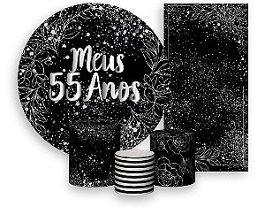 Painel De Festa + Trio De Capas Cilindro + Faixa Veste Fácil - Efeito Brilhos Meus 55 Anos Prateado 030