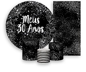 Painel De Festa + Trio De Capas Cilindro + Faixa Veste Fácil - Efeito Brilhos Meus 30 Anos Prateado 036